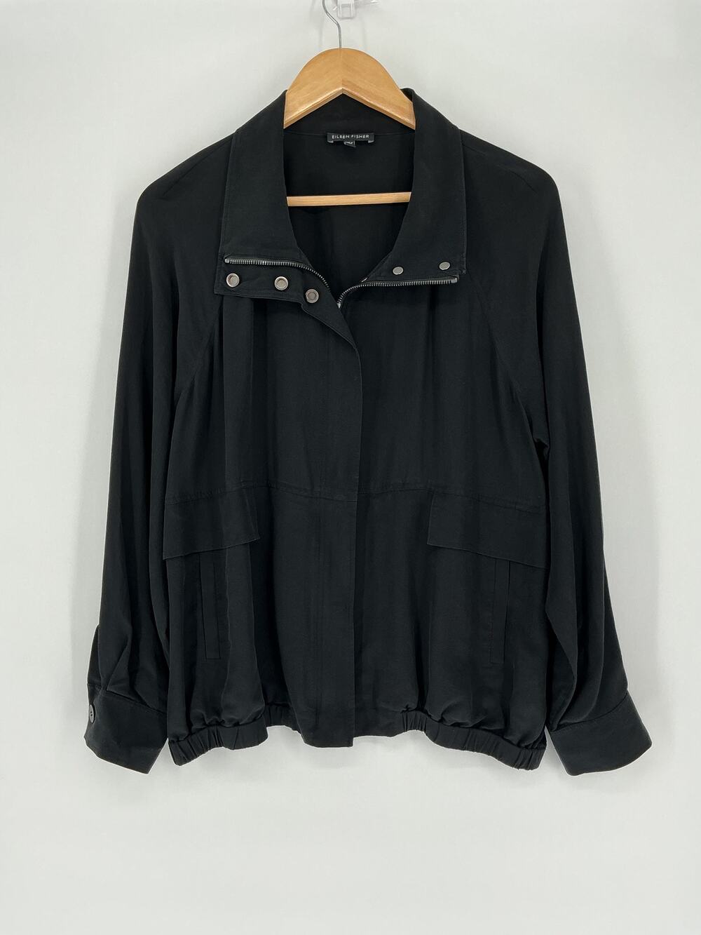 Eileen Fisher Black 100% Silk Moto Jacket Medium Quiet Luxury Minimalist